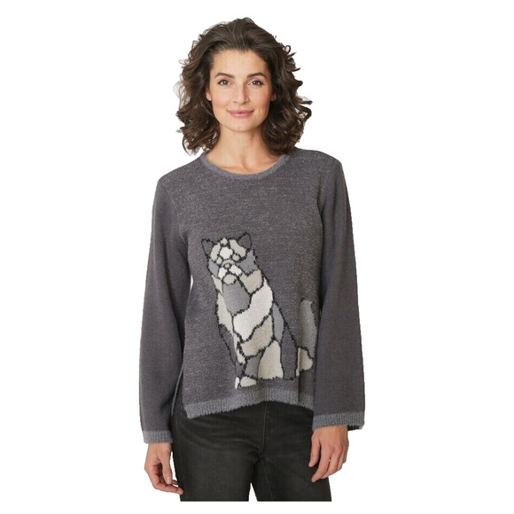 DG2 Diane Gilman Women's Large Faux Mink Animal Swing Sweater Gray Cat Pullover - Picture 1 of 2